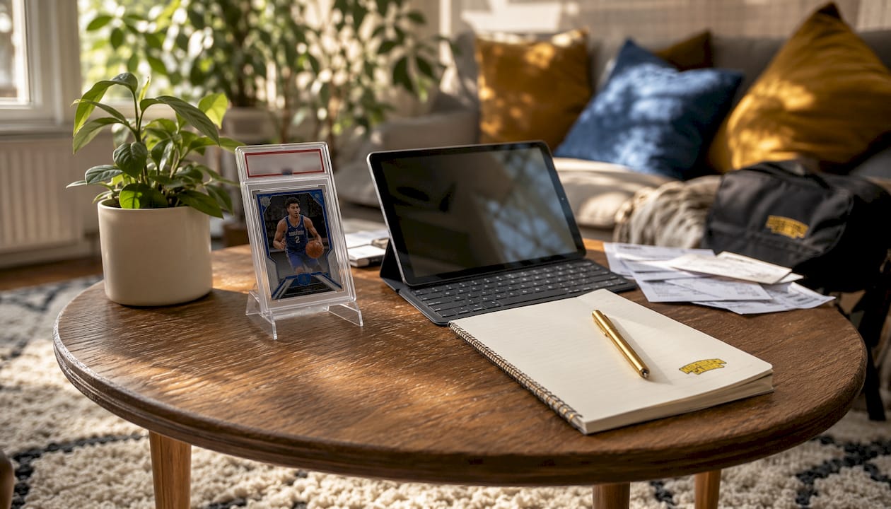 Workspace with graded rookie card and budgeting tools