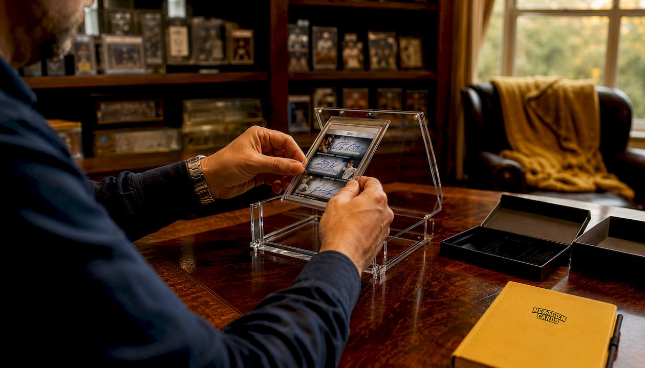 Collector framing an autographed sports card