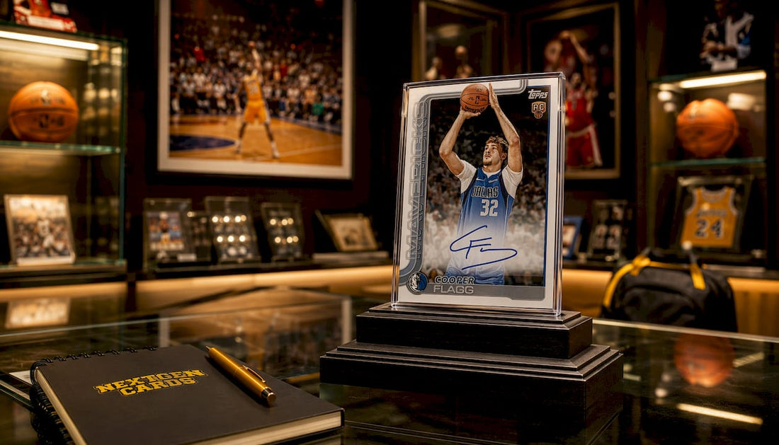 Close-up of Cooper Flagg rookie card on grading table