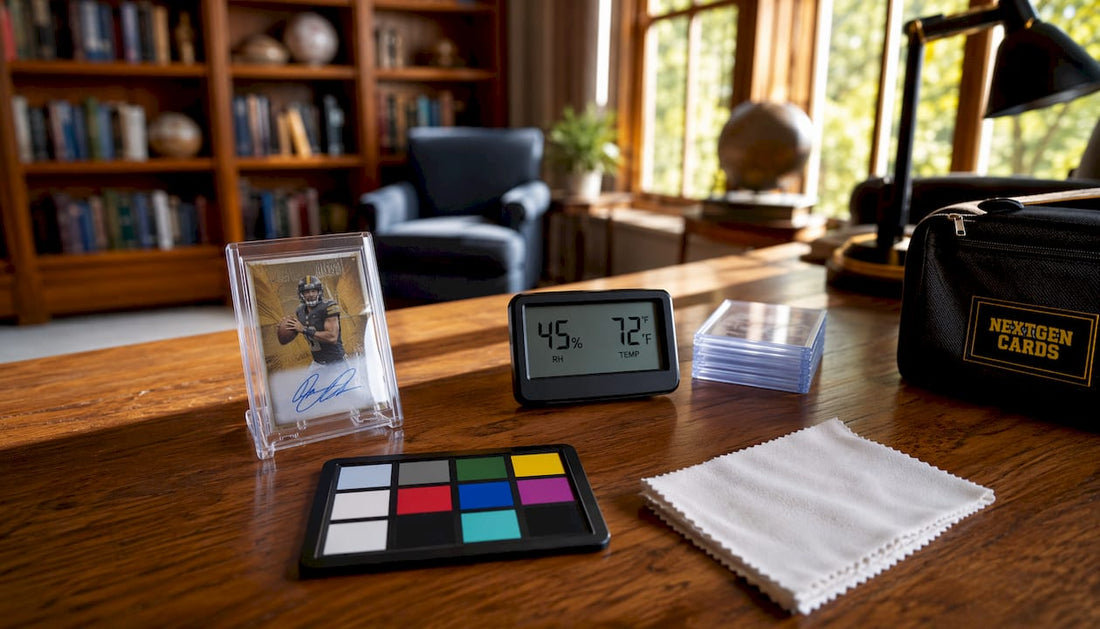Autographed card in protective toploader with climate monitor