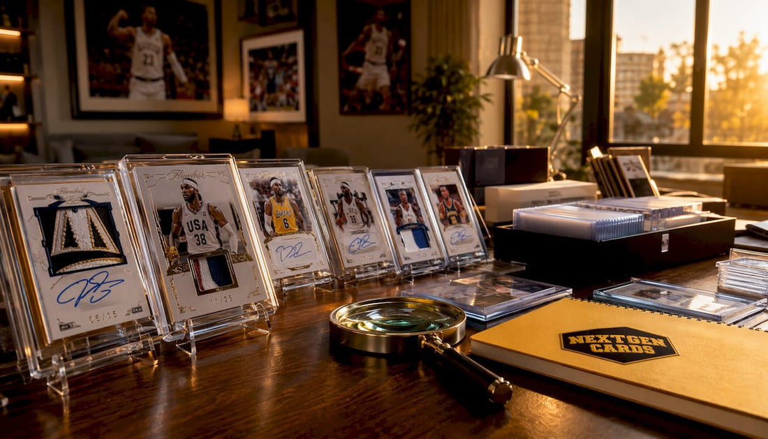 Close-up premium NBA autograph card sets on desk