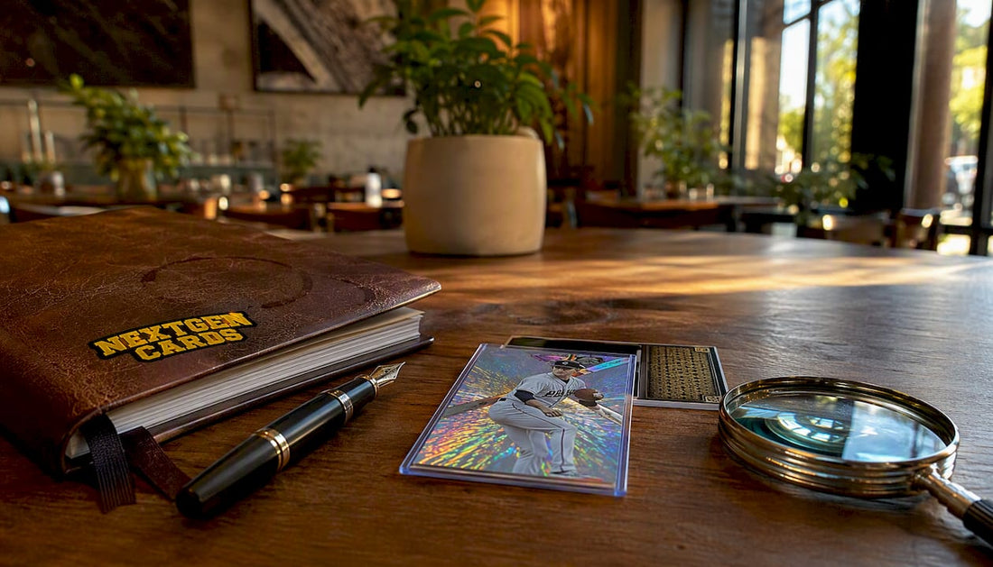Photo variation card with magnifying glass on wooden desk
