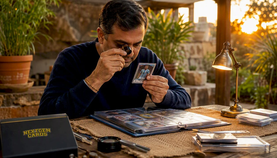 Collector examining milestone trading card closely
