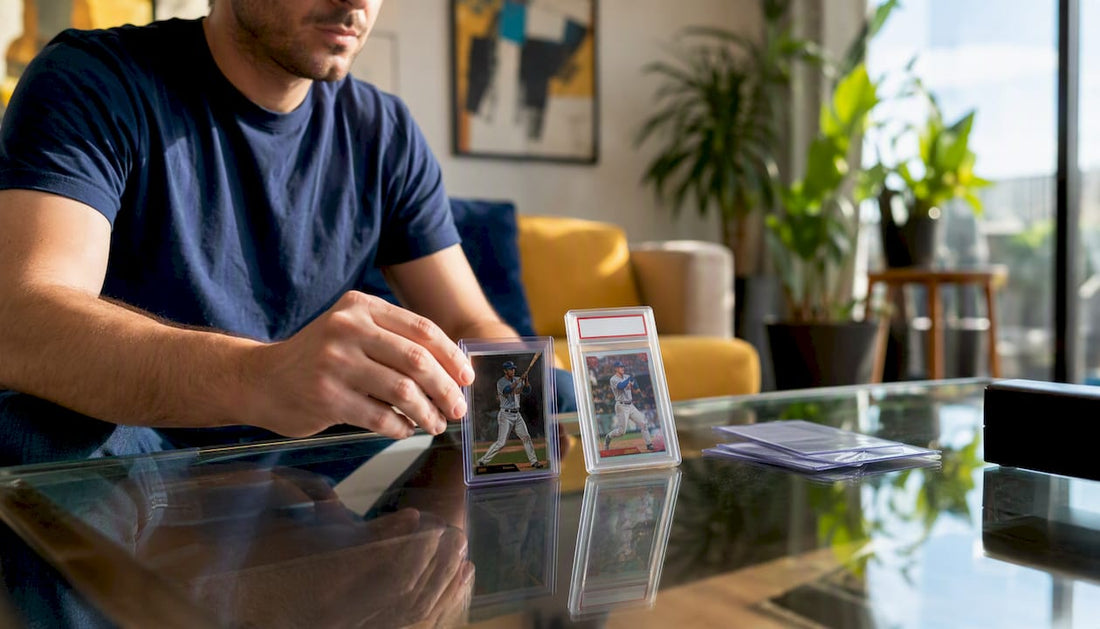 Collector comparing raw card and graded PSA slab