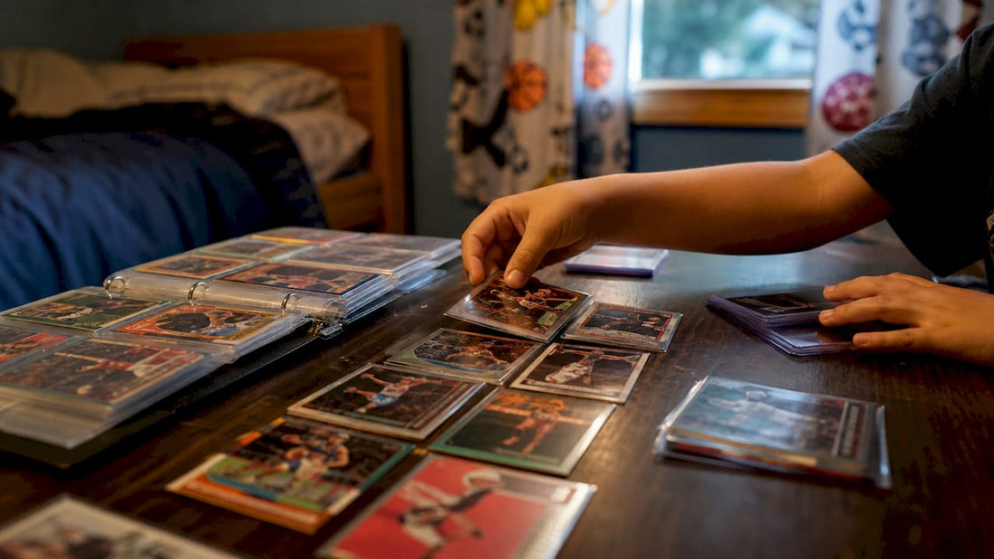 Child sorting sports trading cards on table