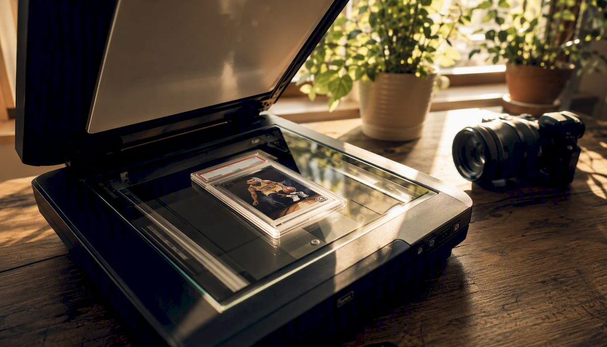 Graded trading card on flatbed scanner with black felt