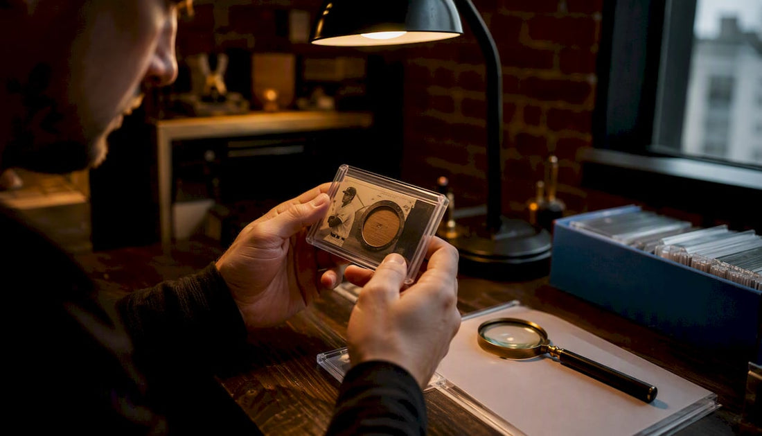 Collector inspecting bat knob relic card