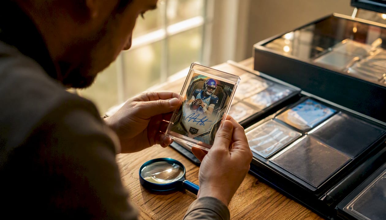 Collector inspecting rare autographed rookie sports card