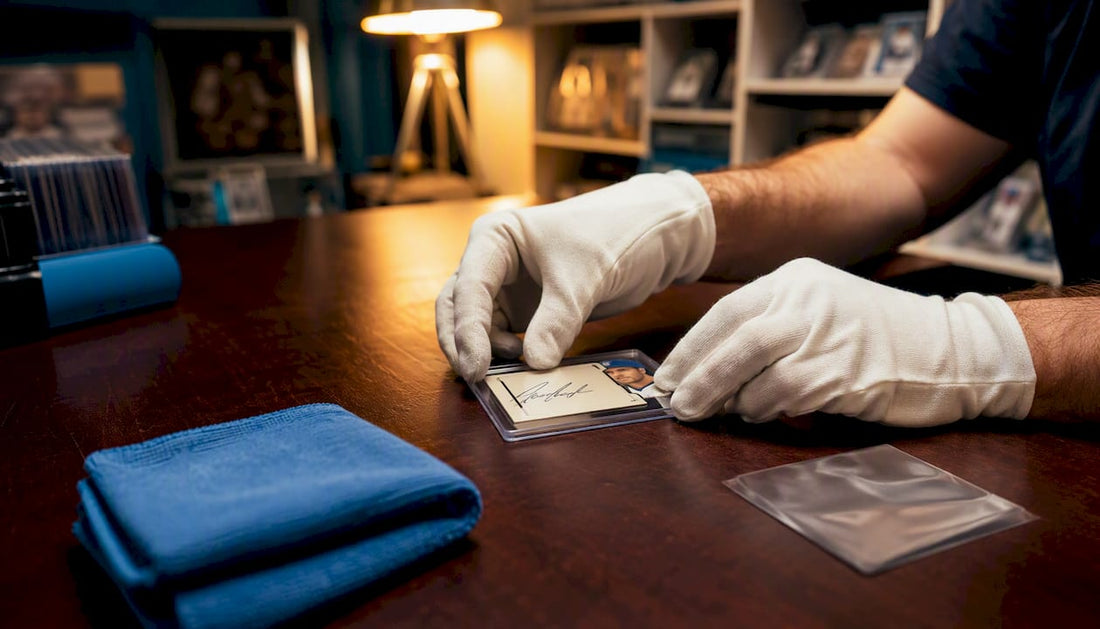 Gloved hands inspecting cut autograph card