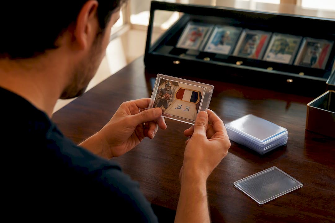 Close-up of hands inspecting rookie patch autograph card