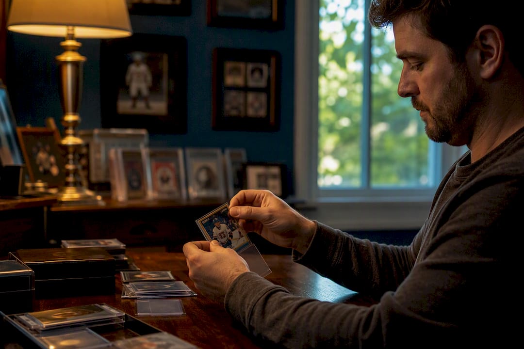 Collector sliding rare card into sleeve