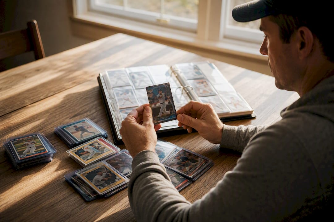 Collector hands inspecting rookie baseball card