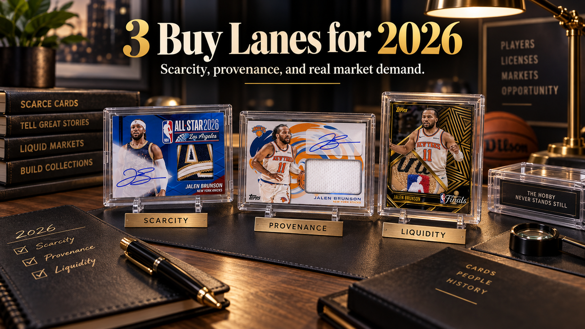 Three Jalen Brunson card designs in protective holders on a collector’s desk, labeled “Scarcity,” “Provenance,” and “Liquidity” beneath the headline “3 Buy Lanes for 2026.