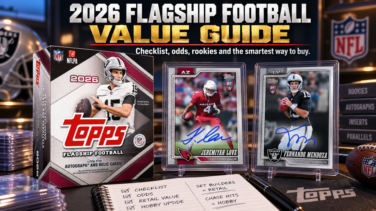 2026 Topps Flagship Football box displayed beside Jeremiyah Love and Fernando Mendoza rookie autograph cards in a collector setup, illustrating checklist strategy, rookie chases, odds, and buying value.