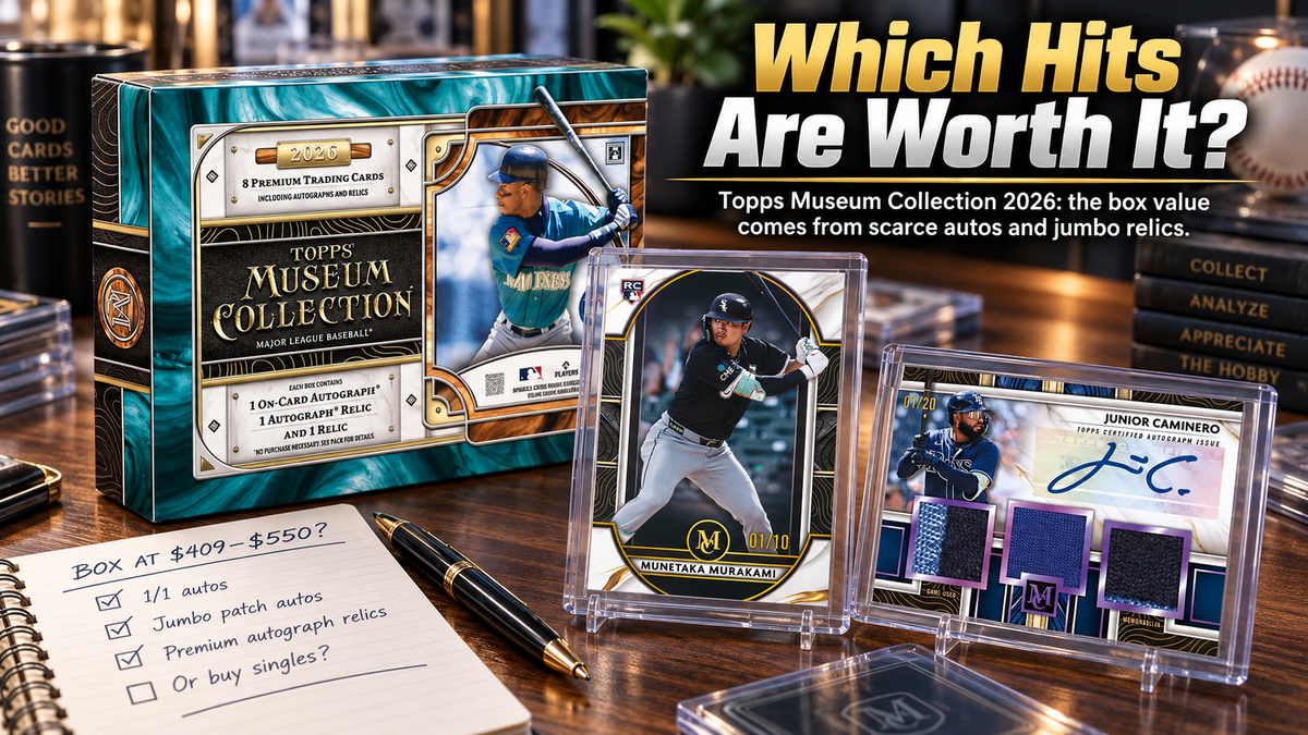 2026 Topps Museum Collection hobby box beside a Munetaka Murakami rookie card, Junior Caminero autograph relic card, and box-value checklist on a collector’s desk.
