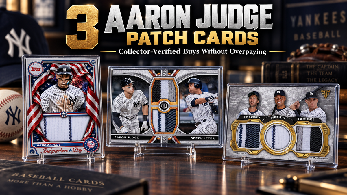 Three Aaron Judge patch card designs in clear holders on a wooden collector’s desk, featuring an Independence Day design and dual- and triple-player Yankees cards.