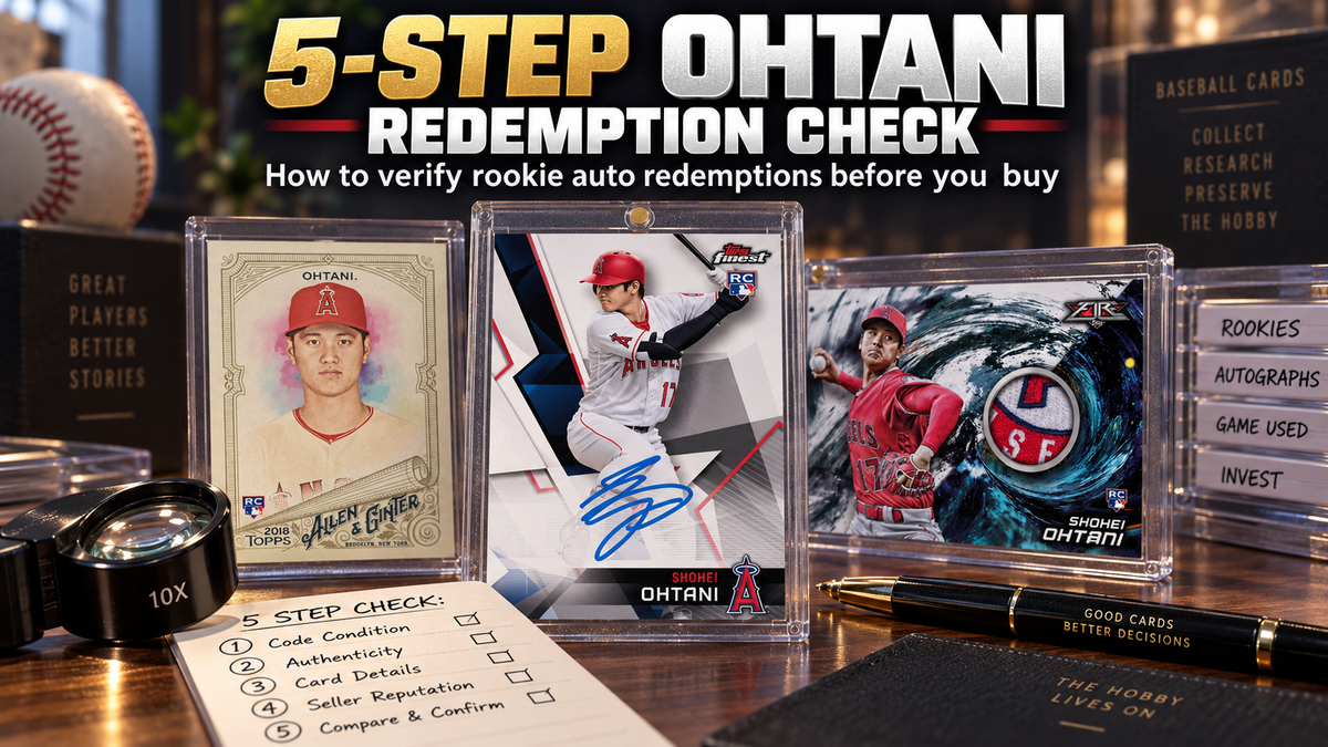Shohei Ohtani rookie cards displayed in protective cases beside a magnifier and five-step checklist for verifying rookie autograph redemptions before buying.