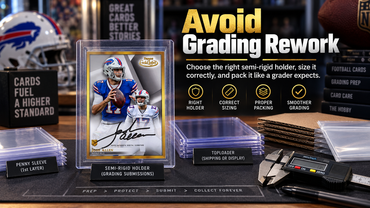 Josh Allen football card displayed with semi-rigid holders, penny sleeves, toploaders, a digital caliper, and grading prep materials on a collector’s desk, illustrating how to choose and pack card holders correctly for grading submissions.