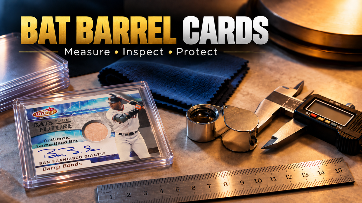 Game-used bat relic card displayed beside a loupe, digital caliper, ruler, and card holders with the headline “Bat Barrel Cards.