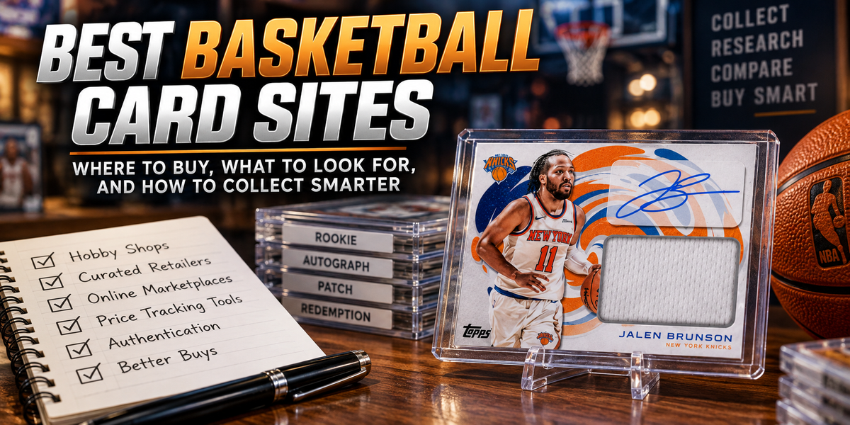 Jalen Brunson patch autograph card design in a clear holder beside a basketball, stacked card cases, and a shopping checklist beneath “Best Basketball Card Sites.