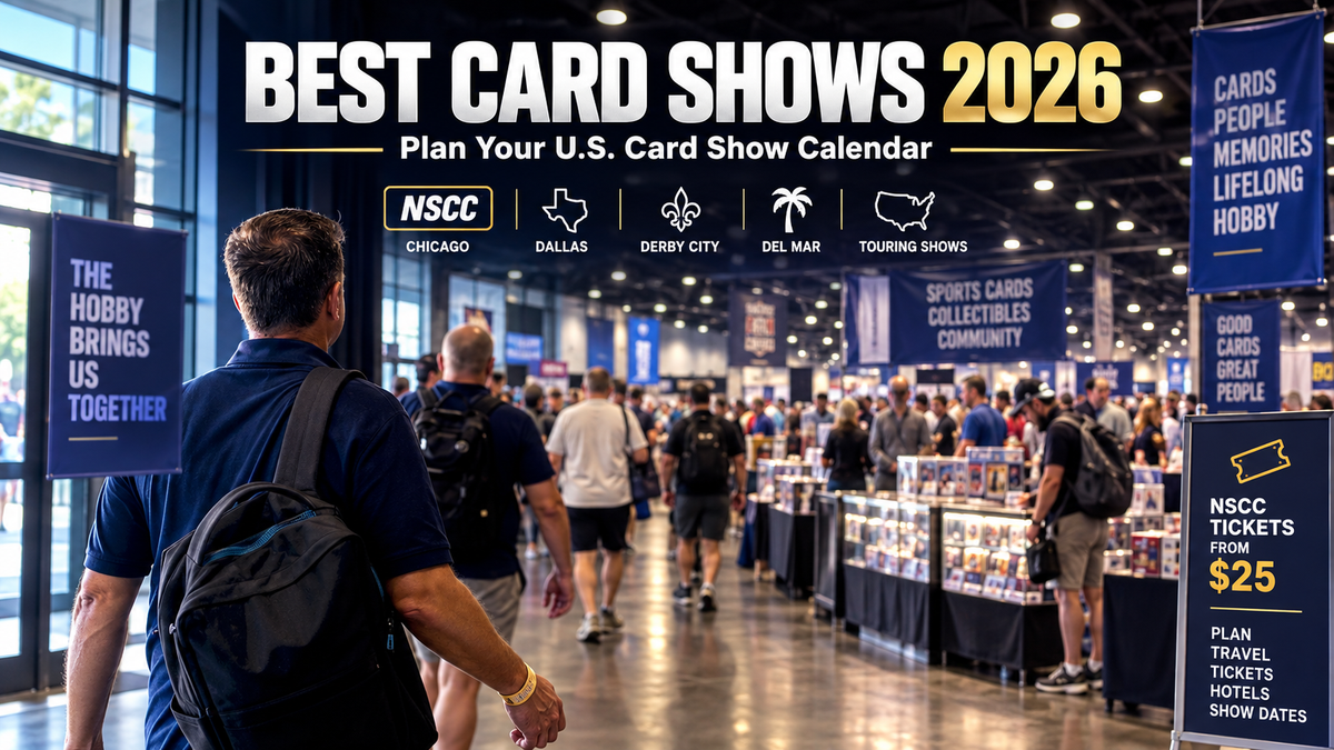 Sports card convention hall with collectors and “Best Card Shows 2026” headline.