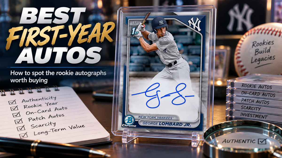 George Lombard Jr. rookie autograph card displayed in a collector setup with a checklist highlighting authenticity, rookie year, on-card autographs, patch autos, scarcity, and long-term value.