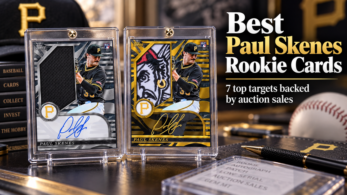 Silver and gold Paul Skenes rookie patch autograph card designs in clear holders on a collector’s desk, with a Pirates cap, baseball, and “Best Paul Skenes Rookie Cards” headline.