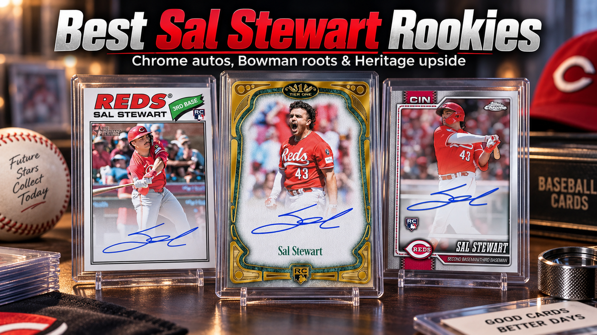 Three Sal Stewart rookie autograph cards displayed in a premium collector setup, highlighting Topps Heritage, Tier One, and Topps Chrome cards for collectors evaluating his best rookie options.