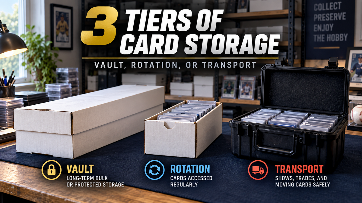 Three sports card storage options displayed on a collector's desk: a large cardboard bulk storage box, a smaller box filled with protected trading cards