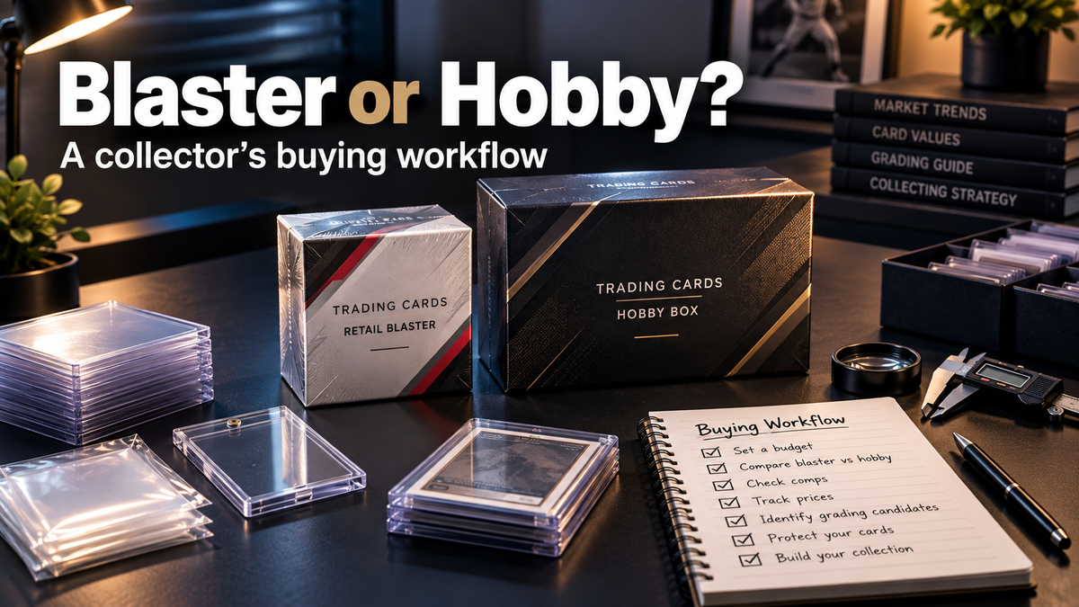 Trading card collector desk comparing a retail blaster box and hobby box with card holders, sleeves, calipers, and a buying workflow checklist.