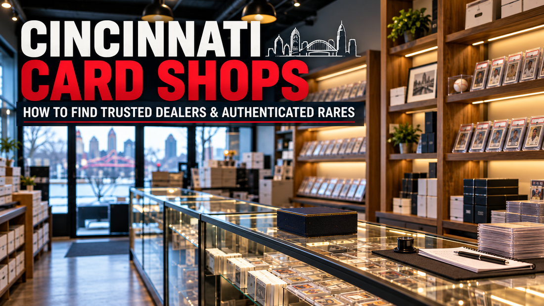 Cincinnati baseball card shop interior with glass display cases, graded sports cards, and the headline