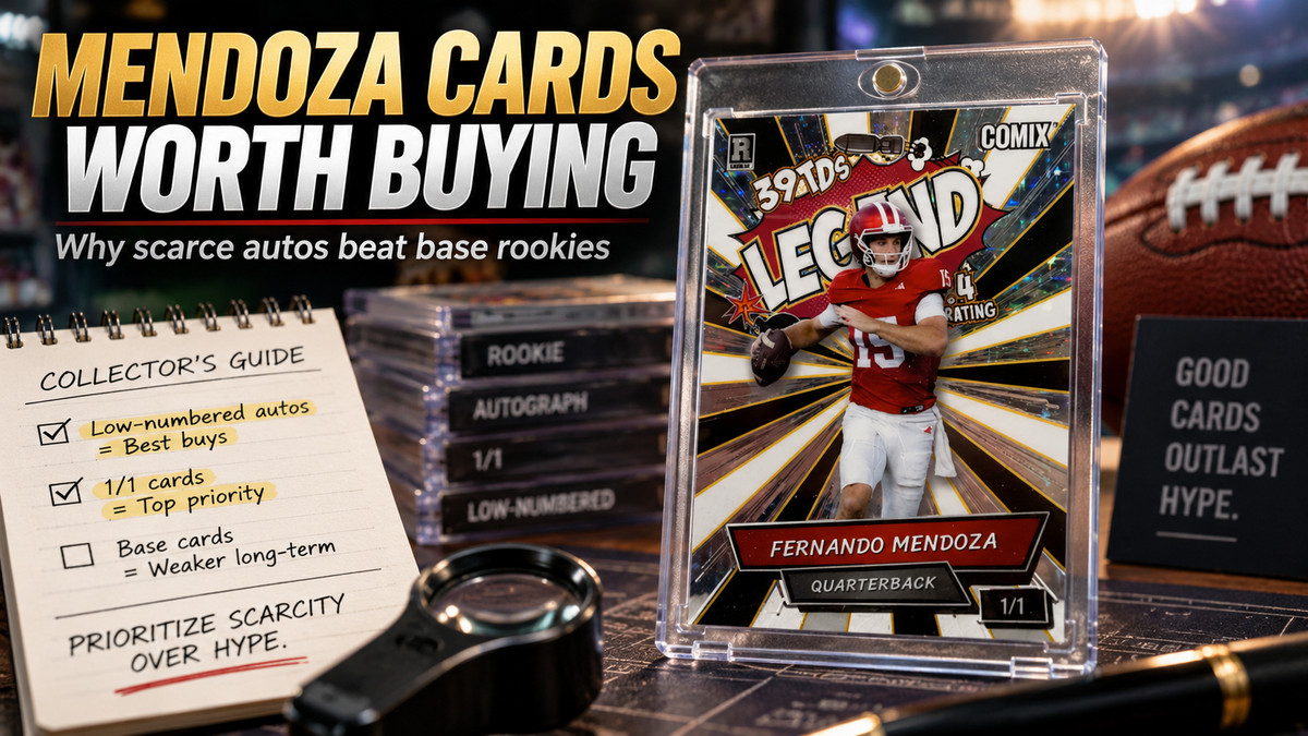 Wide blog hero image showing a Fernando Mendoza football card in a protective holder on a collector’s desk, with hobby tools, stacked card cases, and headline text explaining why scarce autos are better buys than base rookies.