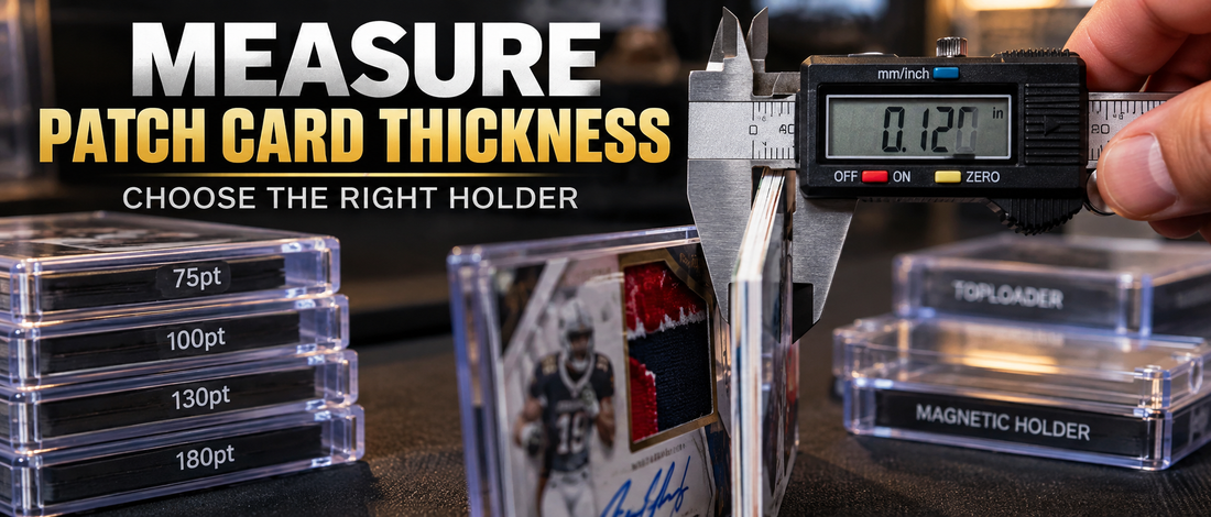 Patch card thickness guide showing a sports card measured with a digital caliper, alongside labeled card holders and protective storage options.