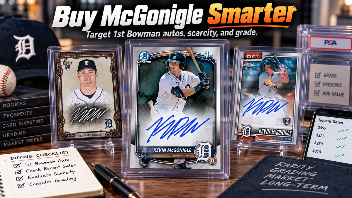 Three Kevin McGonigle autograph card designs in protective holders on a collector’s desk, with a buying checklist and the headline “Buy McGonigle Smarter.”