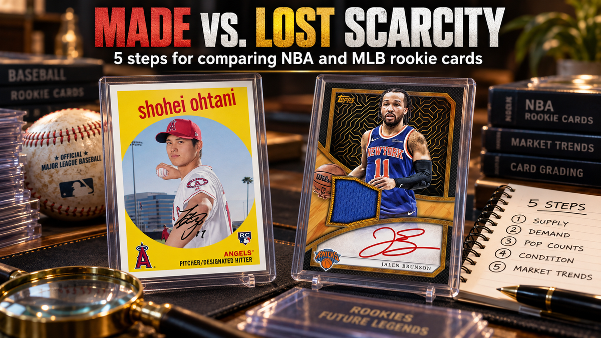 Shohei Ohtani baseball card and Jalen Brunson basketball card displayed on a collector desk beside a five-step checklist comparing NBA and MLB card scarcity.