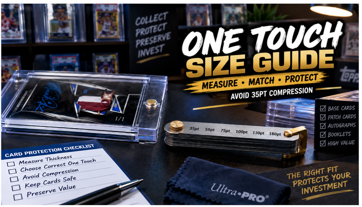 One Touch size guide showing a 1/1 patch autograph card in a magnetic holder, a card thickness gauge from 35pt to 180pt, and a card protection checklist.