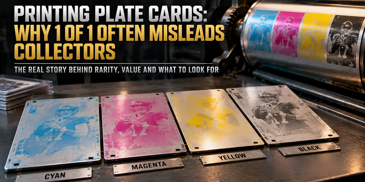 Four CMYK sports card printing plates—cyan, magenta, yellow, and black—beside a printing press, illustrating how 1-of-1 printing plate cards are made and collected.