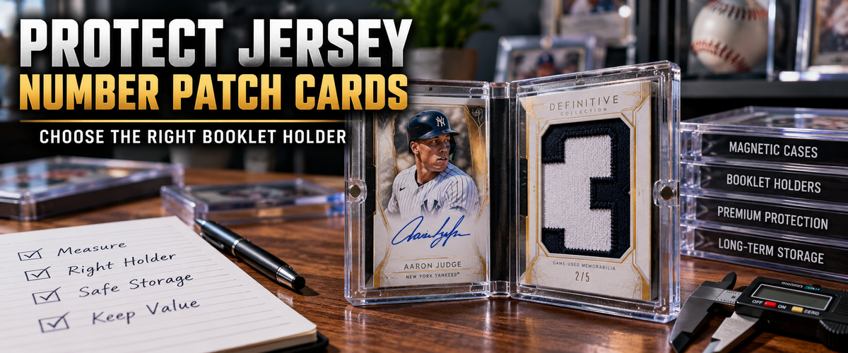 Open booklet card holder on a collector’s desk with digital calipers, measuring tools, stacked magnetic cases, and a checklist emphasizing proper sizing and protection for jersey patch and booklet cards.