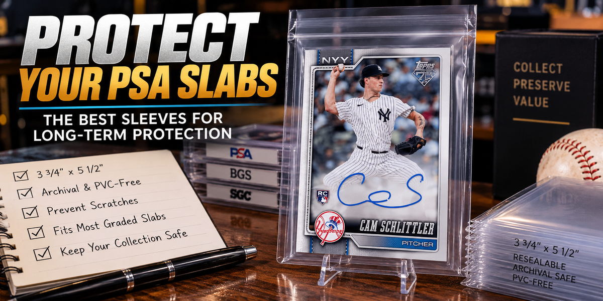 Cam Schlittler rookie card in a protective graded-card sleeve beside archival sleeve packs, slab cases, a baseball, and a checklist highlighting proper sizing, PVC-free materials, and long-term protection.