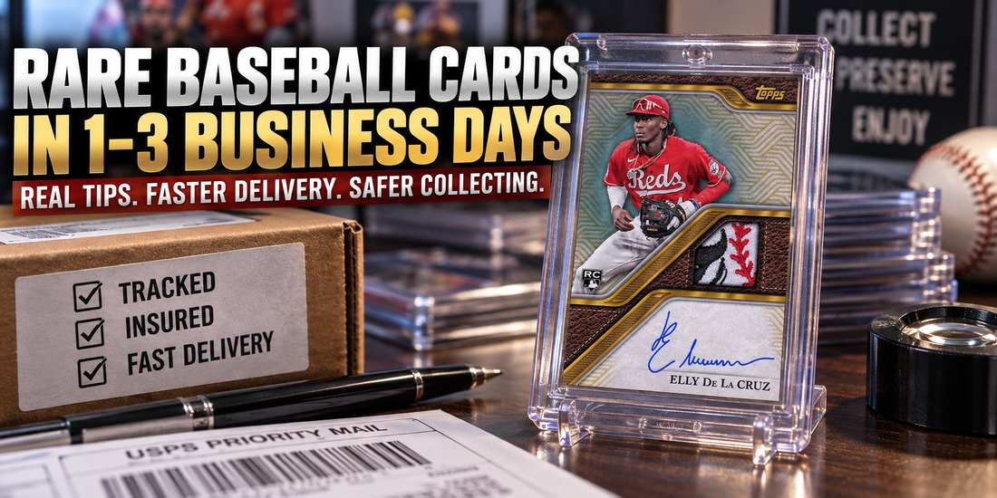 Elly De La Cruz Topps rookie patch autograph card in a protective holder beside tracked and insured shipping supplies, illustrating fast rare baseball card delivery.