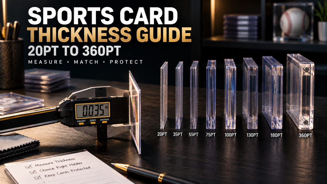 Sports card thickness guide showing a digital caliper measuring a card beside holders labeled from 20pt to 360pt for choosing the correct card protection size.