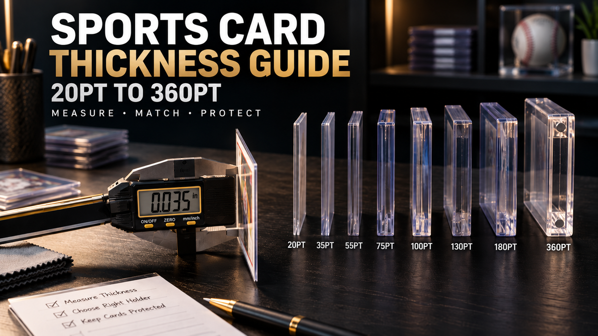 Sports card thickness guide showing a digital caliper measuring a card beside holders labeled from 20pt to 360pt for choosing the correct card protection size.