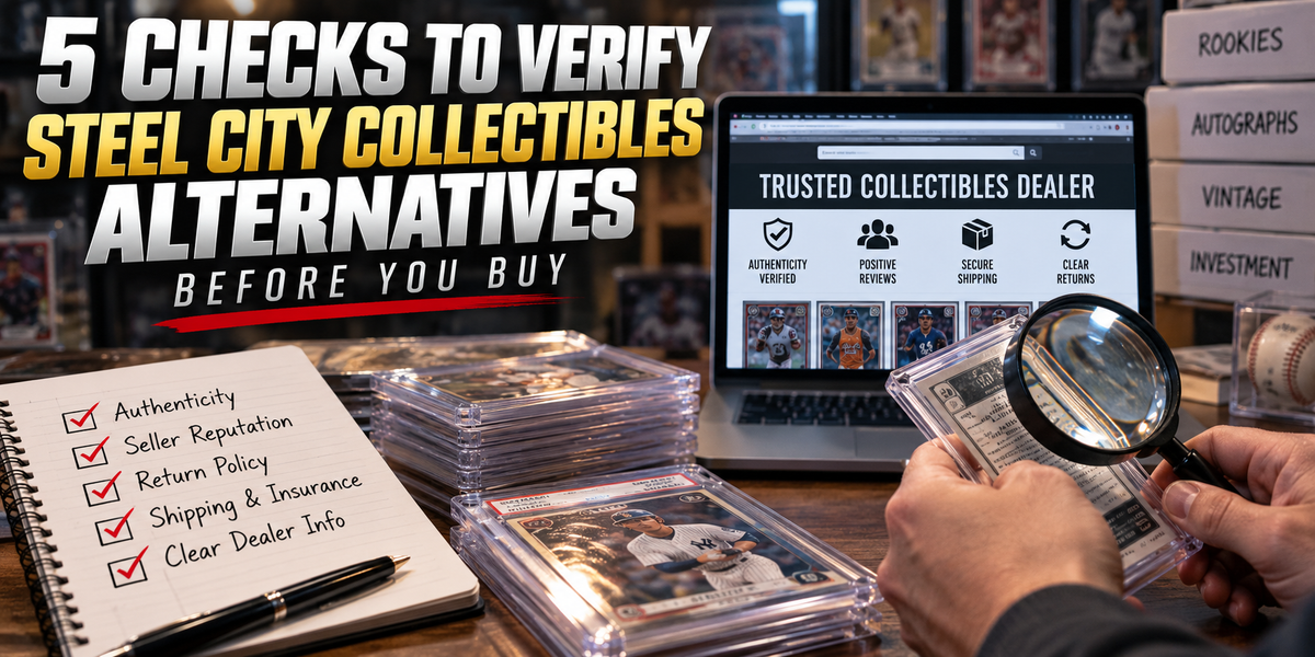 Collector inspecting a sports card with a magnifying glass beside a laptop and buyer checklist, under a Steel City Collectibles alternatives headline.