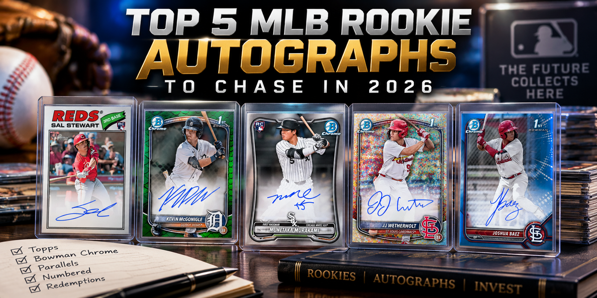 Five 2026 MLB rookie autograph cards displayed in protective holders on a collector’s desk, featuring Sal Stewart, Kevin McGonigle, Munetaka Murakami, JJ Wetherholt, and Joshua Baez