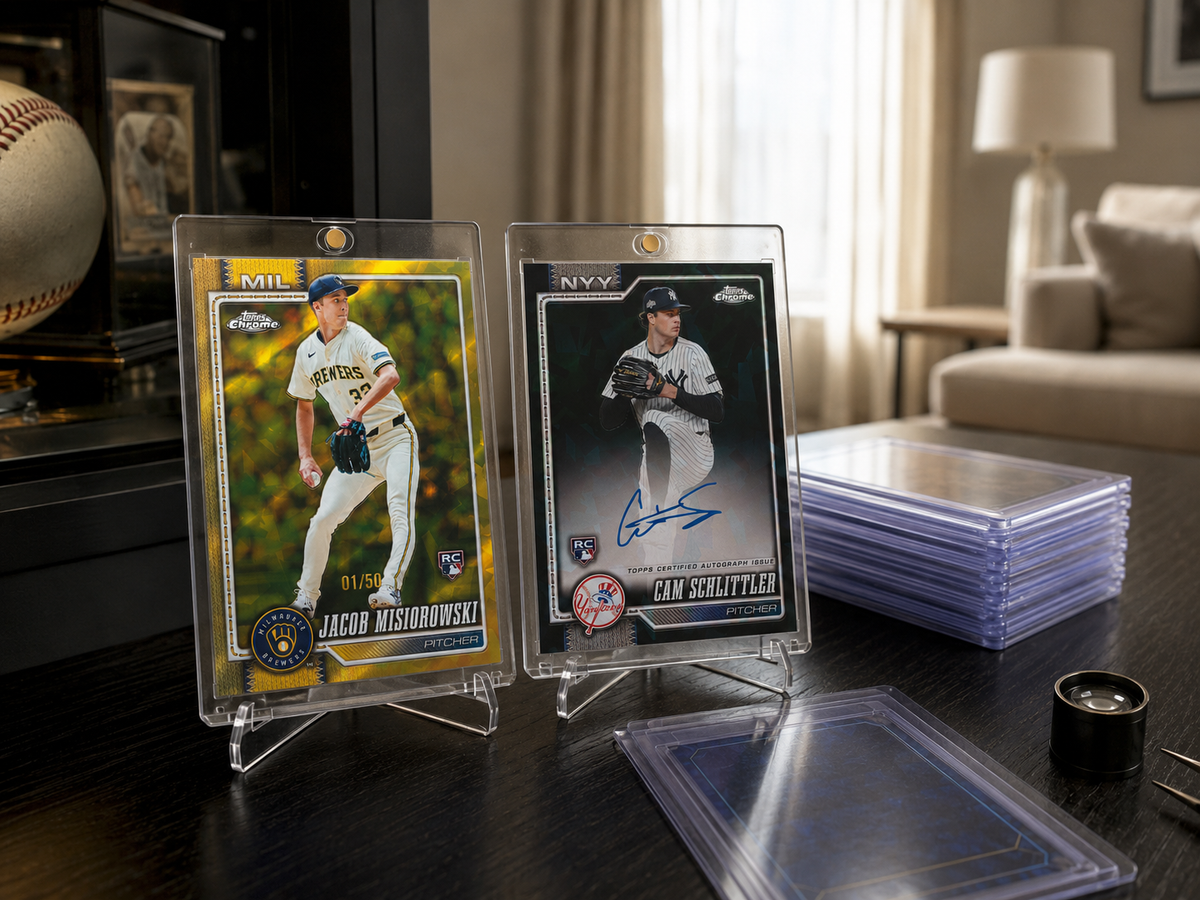 Two Topps Chrome baseball rookie cards featuring Jacob Misiorowski and Cam Schlittler displayed in protective holders on a collector’s table, with additional card cases in the background.