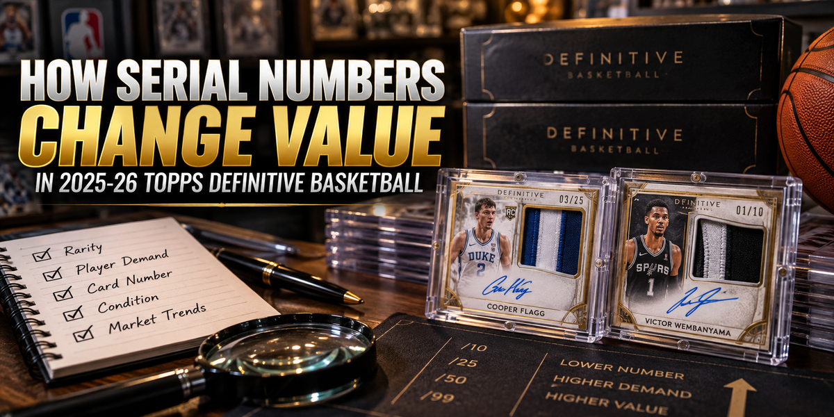 Serial Numbers Matter” Topps Definitive Basketball banner with a collector’s checklist, magnifying glass, card holders, and basketball.
