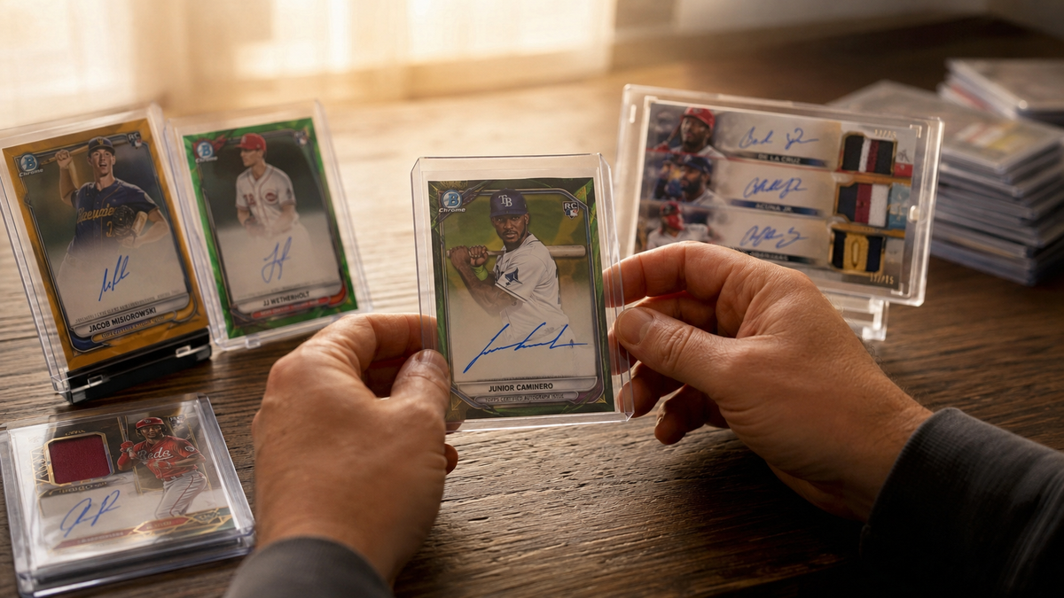 Collector holding a Junior Caminero Bowman Chrome Green autograph rookie card, surrounded by other premium baseball rookie autograph cards.
