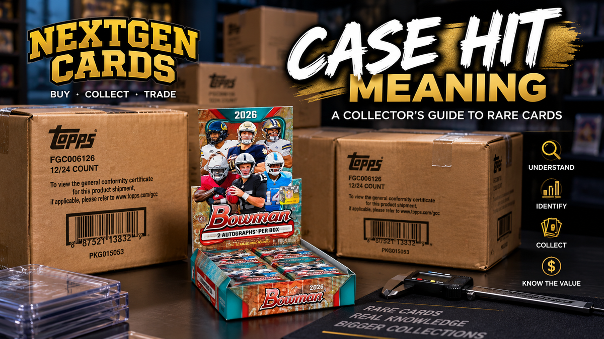 NextGen Cards case hit guide featuring sealed Topps cases, a 2026 Bowman Football box, card slabs, and collector tools.