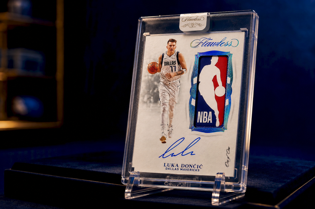 **Alt text:** Luka Dončić Flawless NBA logo patch autograph card displayed in a protective case on a dark blue background