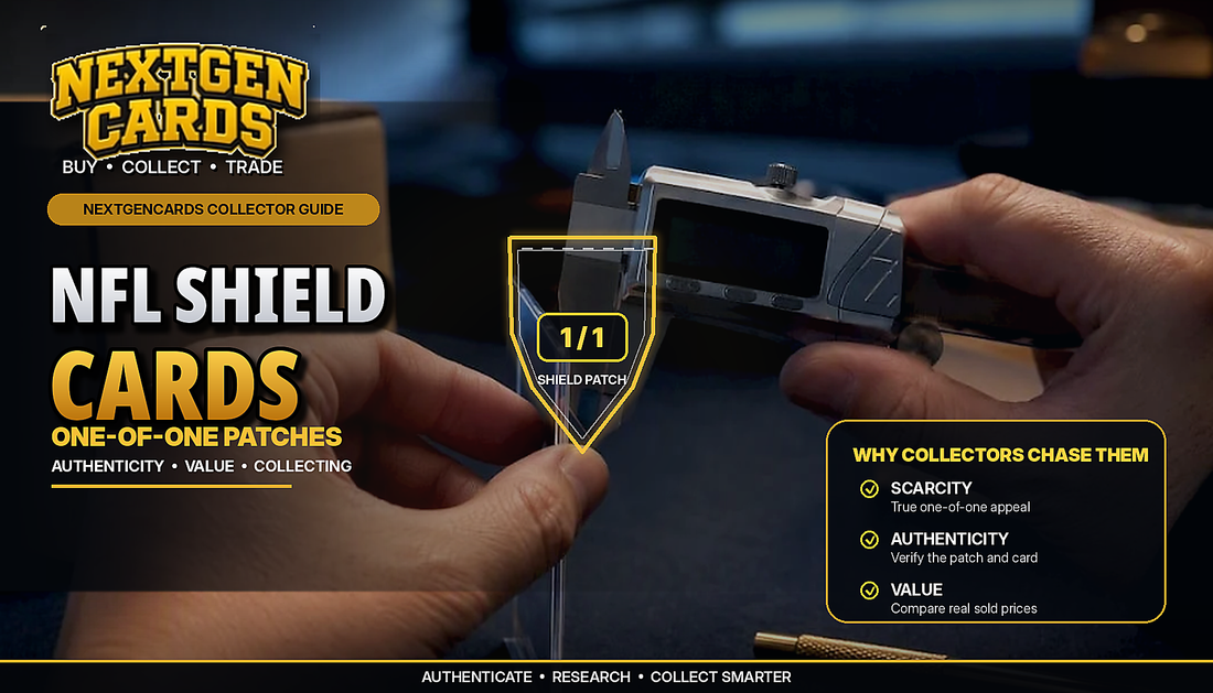 Next Gen Cards NFL Shield guide showing a collector measuring a card holder with a digital caliper beside a one-of-one shield patch graphic.